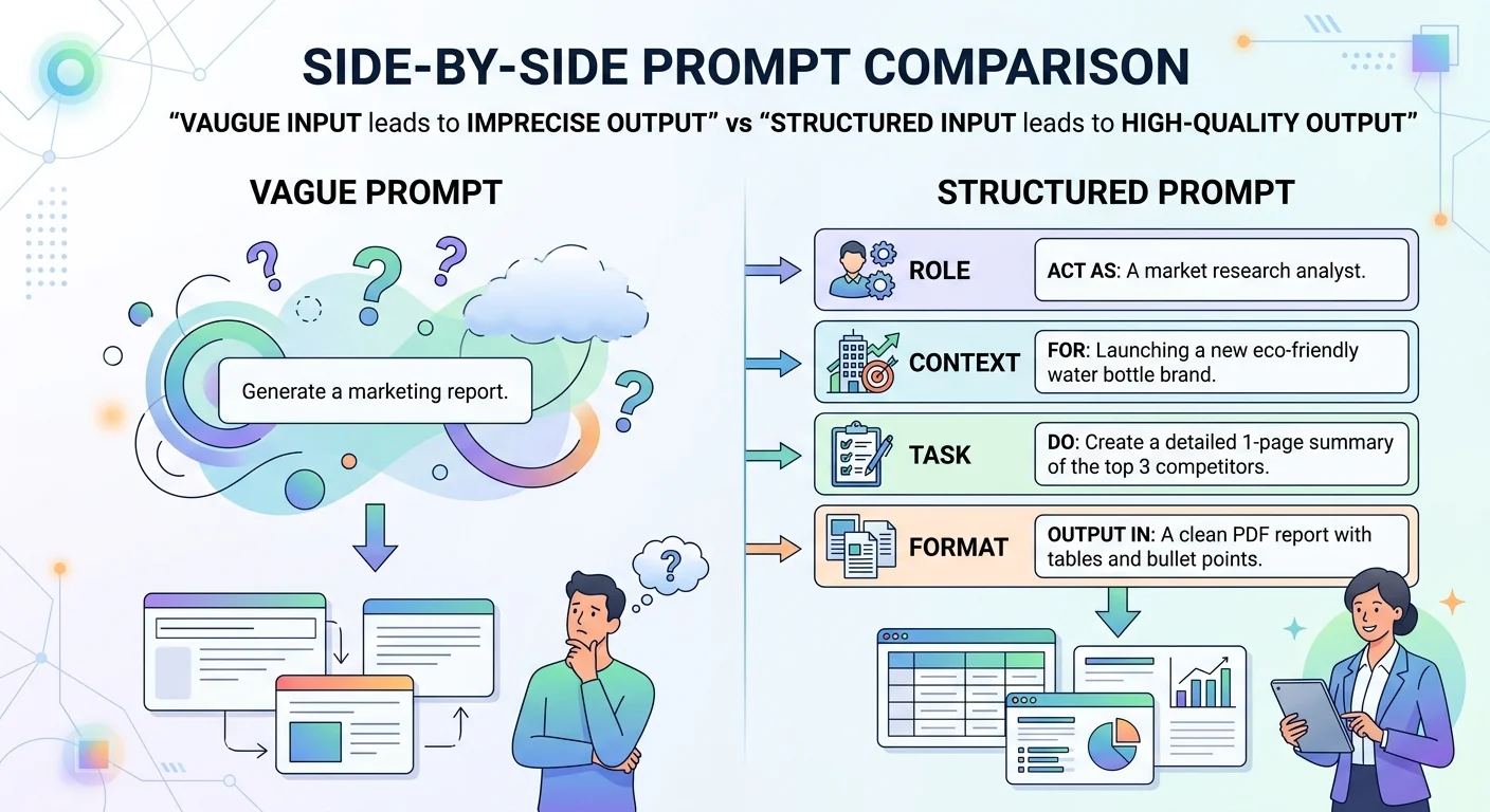 Diagram showing the four-part prompt structure framework with examples