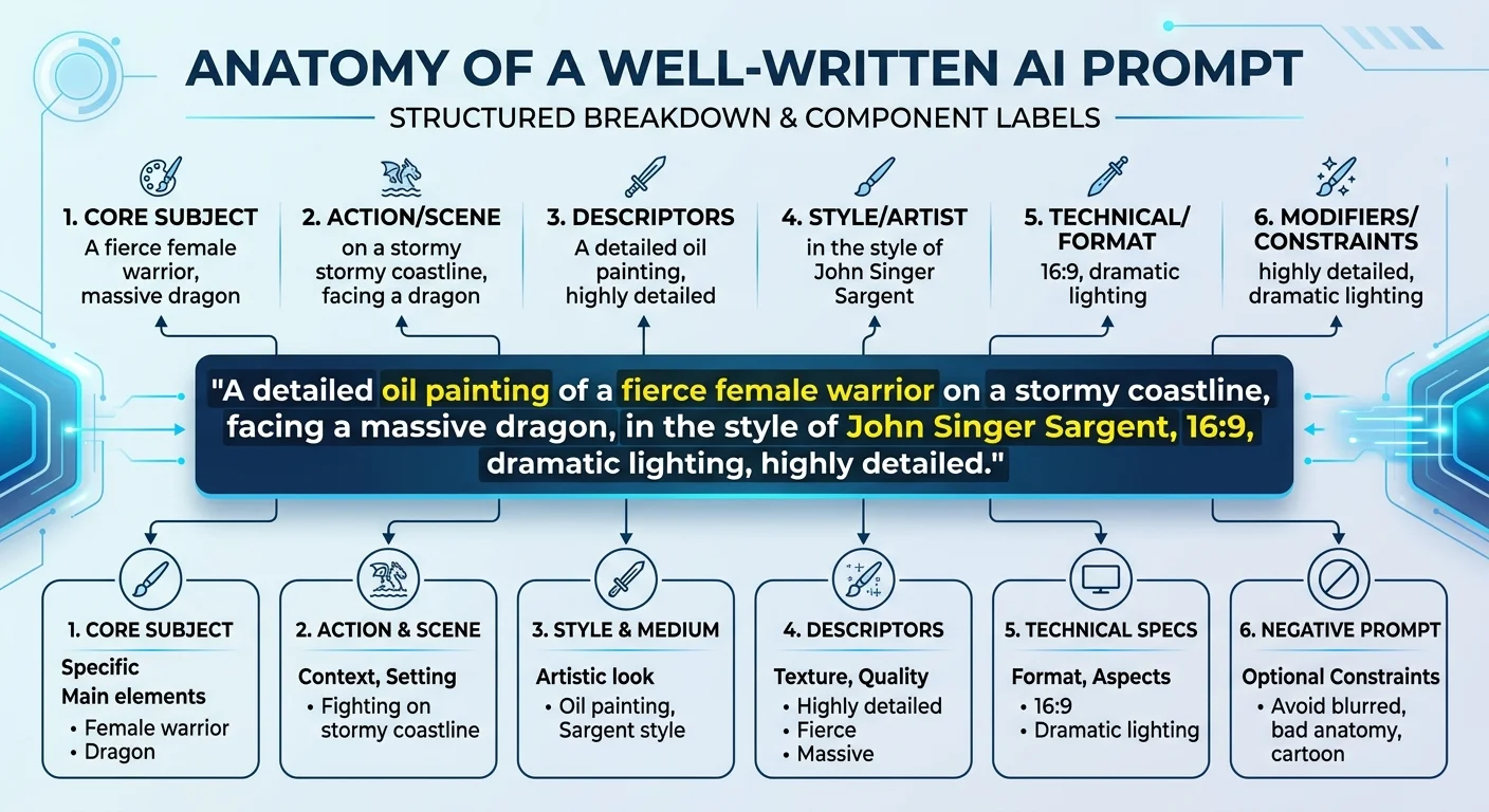 Diagram showing the components of a well-structured AI prompt including role, context, task, format, and constraints