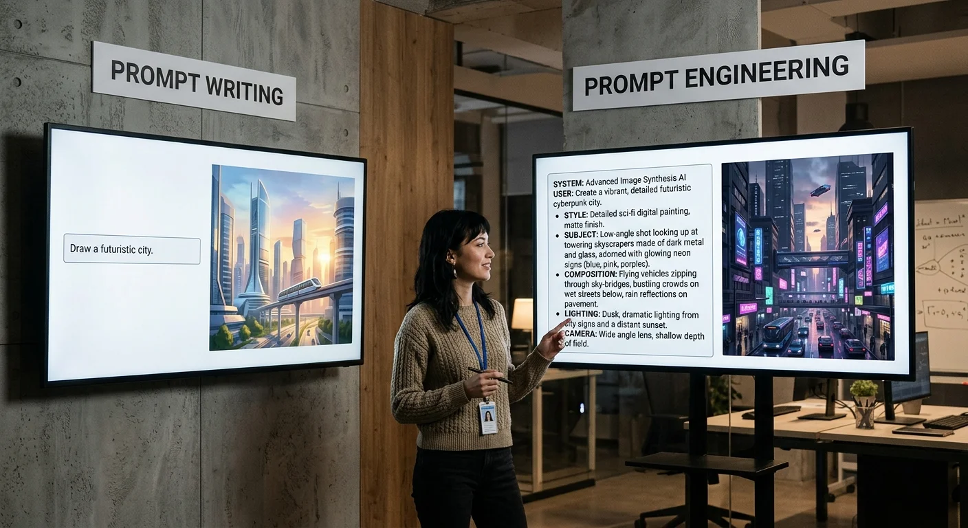 Visual comparison of prompt writing versus prompt engineering approaches