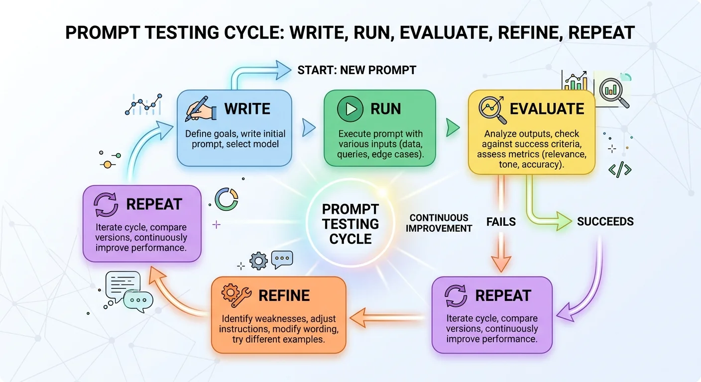 Flowchart of the AI prompt testing and refinement cycle